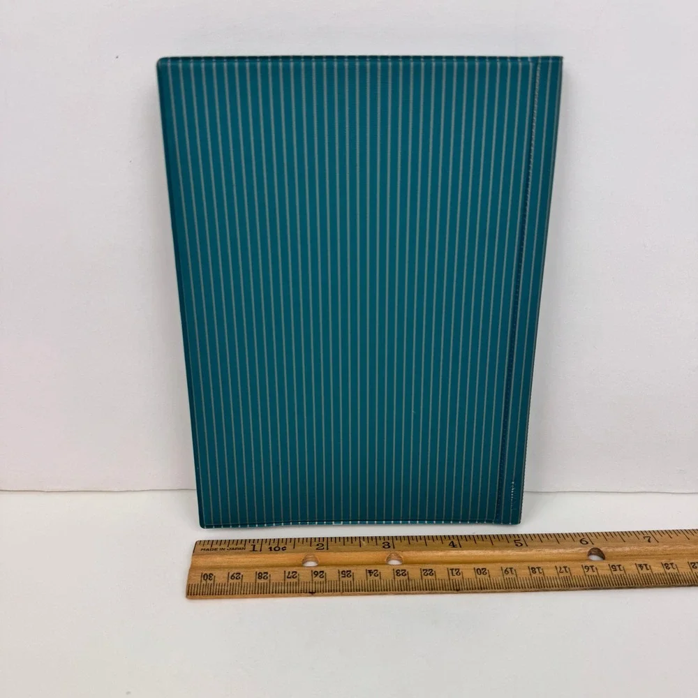 Vtg Photo Picture Album Teal Silver Pinstripes w Gold Accent Oval Open on Cover